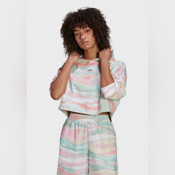 Adidas Originals Crop Hoodie Size XS Oversized Multicolour Fit Cotton Sweatshirt - Picture 6 of 13